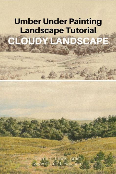 This tutorial, Umber Under Painting Method – Cloudy Landscape, shows you step-by-step how to paint a spring landscape using colored pencils on gray paper. The tutorial includes a full description of under painting, color glazing and layering colors, and finishing touches. Painting Landscape Tutorial, Cloudy Landscape, Paint Lessons, Under Painting, Drawing Method, Art Methods, Landscape Tutorial, Landscaping Quotes, Pencil Drawing Ideas