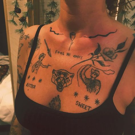 Snake Collar Bone Tattoo, Chest Tattoo Words, Tattoos Collar Bone, Collar Tattoo, Brighton Tattoo, Cowgirl Tattoos, Cowboy Tattoos, Traditional Patchwork, Bone Tattoo