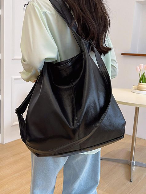 Black  Collar  PU Leather Plain Shoulder Tote Bag Embellished   Women Bags Casual Tote Bag, Big Shoulders, Bags For Teens, Oversized Bag, Pink Backpack, Casual Tote, Shoulder Tote Bag, Bird In Bag, Black Tote Bag