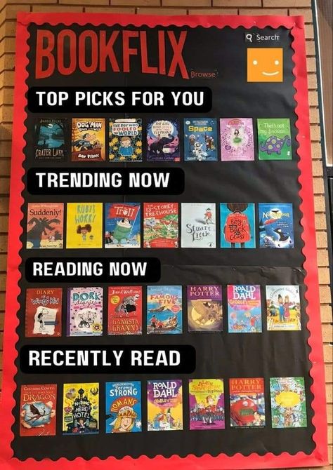 Bookflix Display, School Library Book Displays, Book Bulletin Board, School Library Bulletin Boards, School Library Decor, Reading Display, School Library Design, School Library Displays, Middle School Libraries