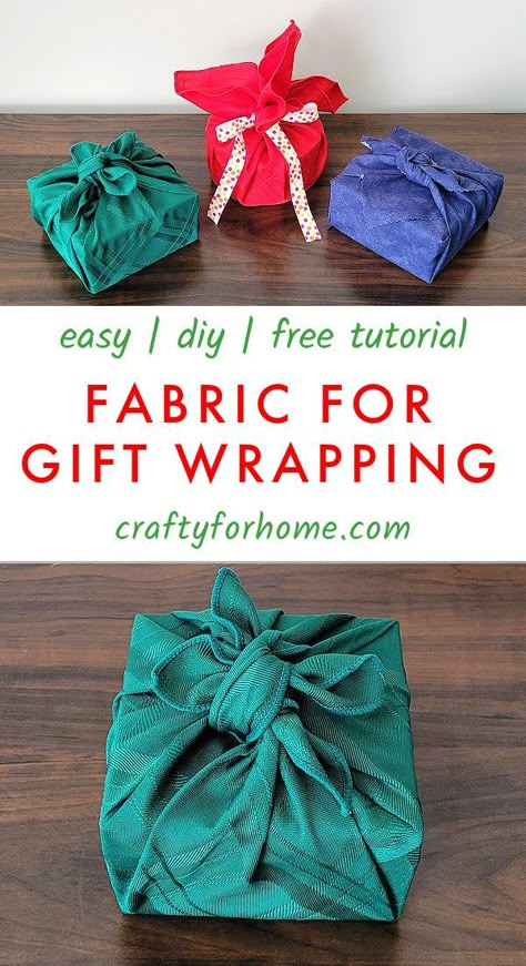 Green, red, and blue fabric for gift wrapping. Reusable Fabric Gift Wrap, Diy Fabric Wrapping Paper, Fabric Gift Wrap How To Make, How To Wrap A Gift With Fabric, Reusable Gift Wrapping Ideas, Fabric Wrapped Gifts, Wrapping Gifts With Fabric, Diy Reusable Gift Wrap, Fabric Wrapping Ideas