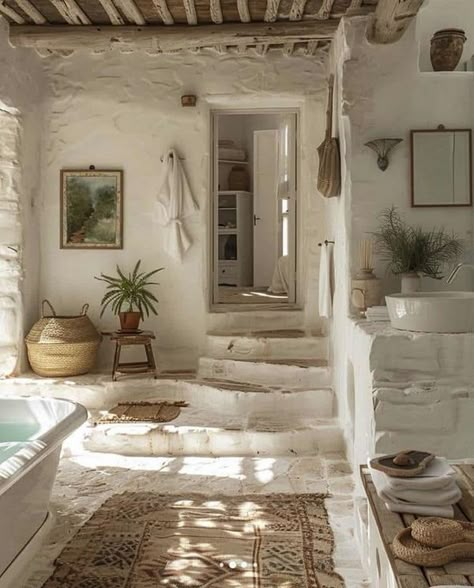 Wabi Sabi Modern Interior, Greek Homes, Cob House, Rustic Bathrooms, Simple Living Room, Inspire Me Home Decor, Beach House Interior, White Rooms, Room Makeover Inspiration