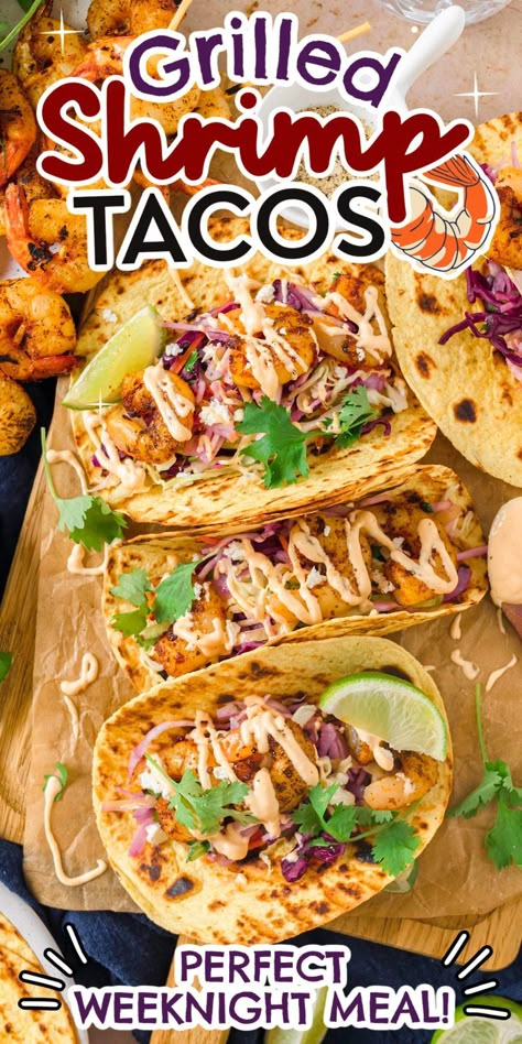 Grilled Shrimp Tacos Recipe, Shrimp Taco Seasoning, Recipes Tacos, Soft Tacos Recipes, Tuesday Dinner, Seafood Ideas, Pizza Taco, Soft Tortillas, Grilled Shrimp Tacos