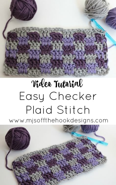 Easy Checker Plaid Stitch - MJ's off the Hook Designs #learntocrochet #crochetplaid #plaidstitch #checkerstitch #crochetstitches #beginnercrochet #freecrochet #crochet Plaid Stitch Crochet, Checker Board Crochet Pattern, Crochet Plaid Stitch, Harlequin Stitch Crochet Pattern, Interlocking Block Stitch Crochet, Checker Crochet Blanket, Plaid Crochet Blanket Pattern Free, Crochet Checkered Blanket, Checkered Crochet Blanket