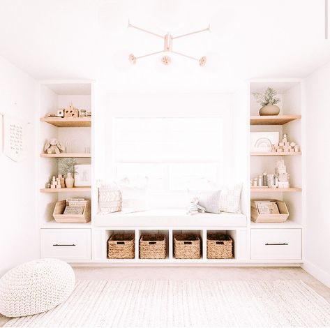 Built In Bookshelf Nursery, Built Ins Around Window Bedroom, Narrow Playroom Ideas, Built Ins Around Window, House Playroom, Bohemian Bedrooms, Ikea Entryway, Nursery Makeover, Window Seat Design