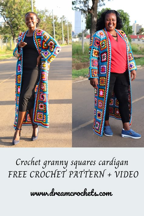 Crochet Granny Square Cardigan. Fun & Easy Pattern. - Dreamcrochets Granny Square Car Coat, Granny Square Long Cardigan Pattern Free, Crochet Long Cardigan Pattern Free Easy, Granys Squares Cardigan, Granny Square Duster Free Pattern, Crochet Granny Square Jacket Pattern, Granny Square Clothing Patterns Free, Crochet Granny Square Cardigan Pattern Free Easy Simple, Granny Square Cardigan Pattern Free Crochet Jacket