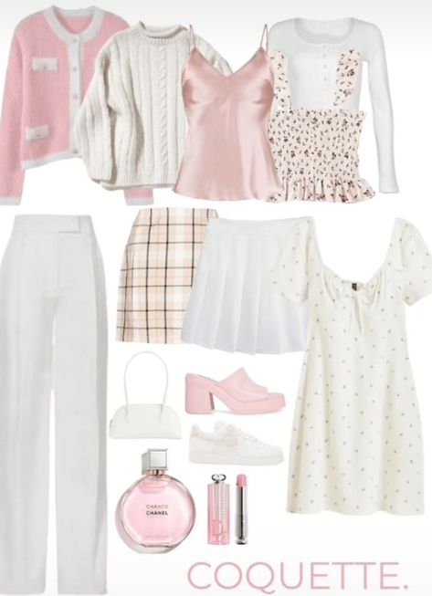 Girly Capsule Wardrobe, Coquette Wardrobe Essentials, Coquette Capsule Wardrobe, Capsule Wardrobe Romantic, Coquette Office Outfit, Coquette Outfit School, Coquette Outfits For School, Coquette Wardrobe, Pink Capsule Wardrobe