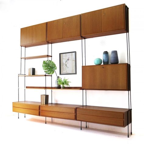 For sale: Large Mid-Century Modern Omnia Wall Unit by Hilker Mid Century Modern Cupboard, Mid Century Modern Entertainment Unit, Mid Century Cupboard, Mid Century Wall Unit With Tv, Mid Century Modern Tv Unit, Mid Century Modern Wall Unit, Modern Wall Shelving, Wall Unit With Desk, Mid Century Tv Unit