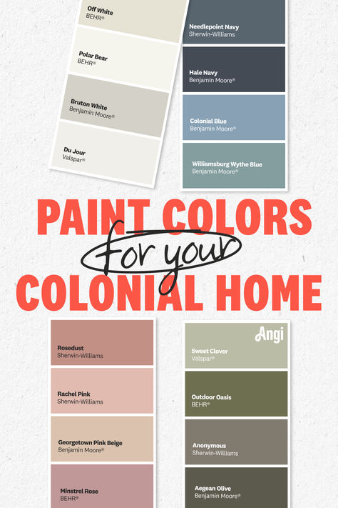 4 paint color shades for a colonial home in white, green, dusty rose, and blue Colonial Home Colors Exterior, Exterior Paint Colors Colonial House, Colonial Color Palette Interiors, Colonial Revival House Exterior Paint Colors, Best Exterior Paint Colors For Colonial Home, Colonial Interior Paint Colors Early American, Colonial House Exterior Colors, Colonial Exterior Paint Colors, Colonial Home Exteriors