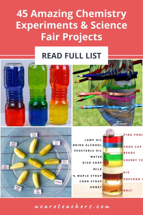 Looking for the best chemistry experiments for your class, science fair project, or STEM activity? Check out these cool chemistry experiments for kids and teens. Including simple and easy at home chemistry experiments! Also, quick chemistry experiment ideas to help you save time and energy. This list has interesting chemistry experiments for everyone- elementary school, middle school, and high school. Click for more and find the perfect chemistry experiments project! Chemistry Labs For High School, Easy Middle School Science Projects, Elementary Science Fair Projects Ideas, Challenge A Science Fair Ideas, Grade 6 Science Fair Projects, Easy Chemistry Experiments, Third Grade Science Fair Projects, 9th Grade Science Fair Projects Ideas, Science Experiments Teens