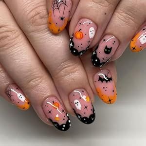 Halloween Press On Nails Short - Short Almond False Nails - Funny Stick On Nails By Glue - Cute Black Cat Fake Nails With Designs Pumpkin - Spider Web Artificial Nails For Manicure DIY At Home Halloween Press On Nails, Black Acrylic Nails, Press On Nails Short, Nails For Women, Nails French, Halloween Nail Designs, Stick On Nails, Nail Designs Spring, Nails Short