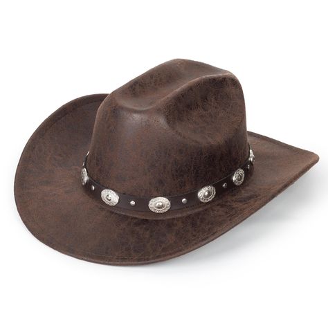 PRICES MAY VARY. Premium PU leather: Elevate your style with our cowboy hat crafted from premium PU leather. Lightweight, breathable, and comfortable, it's the perfect accessory for all-day wear, ensuring you look and feel your best Versatile and Fashionable: The hat, with a 22-22.8 in (56-58 cm) circumference and 4.7 in (12 cm) brim, fits most men and women (7-7 1/4). It's a stylish accessory for street fashion, themed parties, music festivals, outdoor events, weddings, and more Built-in Sweatb Cowgirl Hat Aesthetic, Brown Cowgirl Hat, Fictional Outfits, Cowboy Hat Crafts, Brown Cowboy Hat, Leather Cowboy Hats, Black Cowboy Hat, Outback Hat, Hat Aesthetic