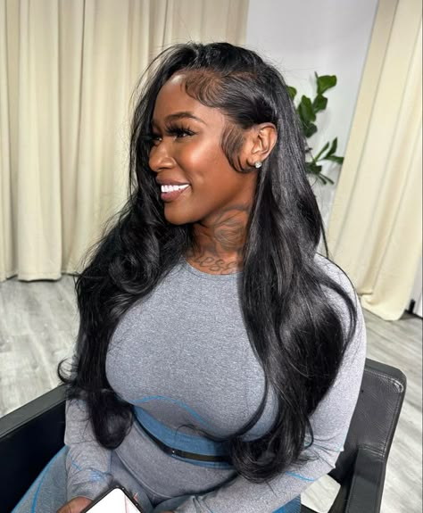 Part Down The Middle Hairstyles Weave, Classy Frontal Hairstyles, Flip Over Straight Hair, Buss Down Middle Part Straight, Long Straight Ponytail Black Women, Middle Part Weave Black Women, Side Part Body Wave Sew In, Grown Women Hairstyles, Side Part Sew In With Leave Out Straight