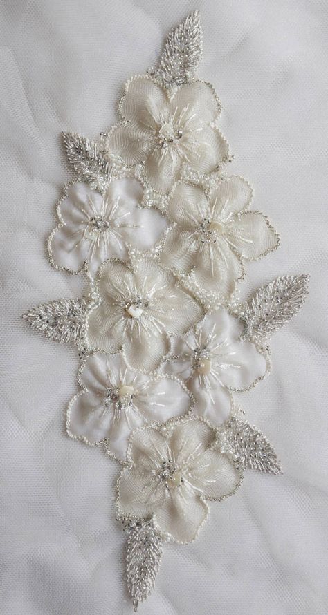 Hand-made motif with applique silk organza flowers Tambour Beading, Abstract Embroidery, Bead Embroidery Tutorial, Organza Flowers, Couture Embroidery, Bead Embroidery Patterns, Hand Work Embroidery, Needlework Embroidery, Handwork Embroidery Design