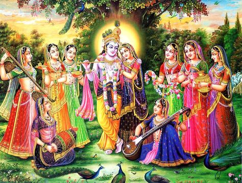 Radha and Krishna surrounded by 8 favorite Gopis Krishna Hindu, Radha Painting, Krishna Flute, Shree Krishna Wallpapers, Shree Radhe, Krishna Wallpapers, Radha Krishna Wallpaper, Krishna Photo, Lord Krishna Wallpapers