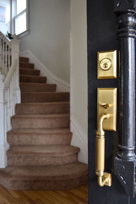 loving @designcrush new door hardware! so gorgeous. @nwdoorhardware Best Hardware For Black Front Door, Satin Brass Front Door Hardware, Black Front Door Brass Hardware, Brushed Brass Front Door Hardware, Gold Front Door Handle, Gold Exterior Door Hardware, Brass Front Door Handle, Front Door Knobs Hardware Entrance, Exterior Door Knobs Front Entry