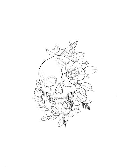 Skull Fine Line Tattoo, Skull And Flower Drawing, Fine Line Skull Tattoo, Skull Moon Tattoo, Skull Linework, Skull And Flower Tattoo, Tattoo Mujer, Sugar Skull Drawing, Traditional Tattoo Stencils