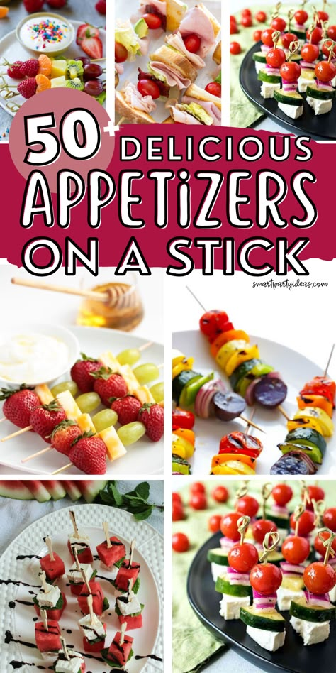 Take your party food to the next level with these delicious and easy food skewers for a party we know your guests will love. 60th Birthday Appetizers Food Ideas, Skewers Appetizers Easy, Picnic Food Ideas Skewers, Thanksgiving Appetizers Skewers, Easy Skewers Appetizers, Kabob Party Ideas Skewers, Appetisers On Skewers, Party Toothpick Food, Fingers Food Ideas