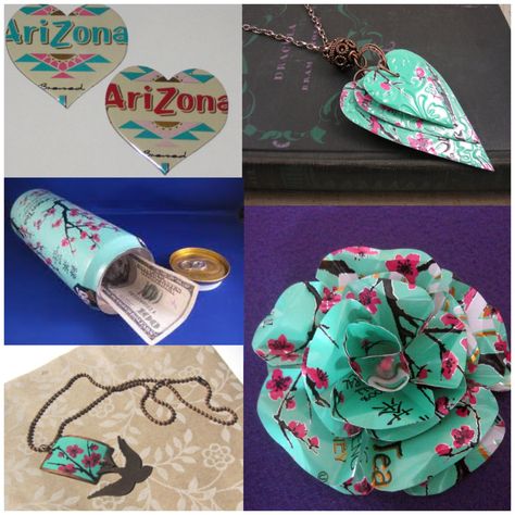 CRAFTS with arizona tea cans Arizona Cans Diy, Arizona Tea Can, Pop Can Art, Pop Can Crafts, Do It Yourself Decoration, Soda Can Art, Soda Can Crafts, Aluminum Can Crafts, Aluminum Crafts