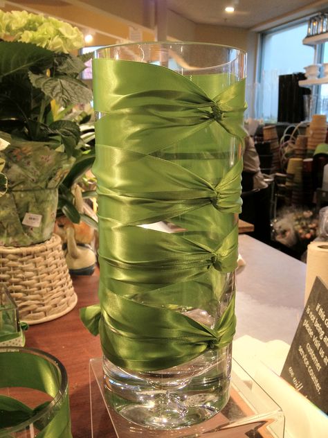 Check out this Ribbon Wrapped Vase! Super easy! Wrapped Vases Centerpieces, Wrap Around Vase, Ribbon Vase Ideas, Vases With Ribbon, Clear Vase With Ribbon, 71 Birthday, Christmas Luncheon, How To Tie Ribbon, Ivy House