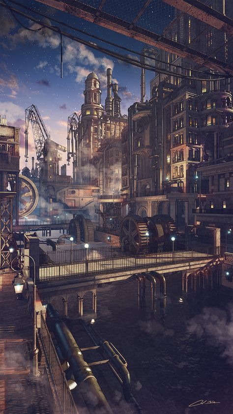 Steampunk World Building, Steampunk Building Concept Art, Dieselpunk Aesthetic, Steampunk Concept Art, Steampunk Setting, Steampunk Building, Dieselpunk Art, Steampunk Wallpaper, Steampunk World