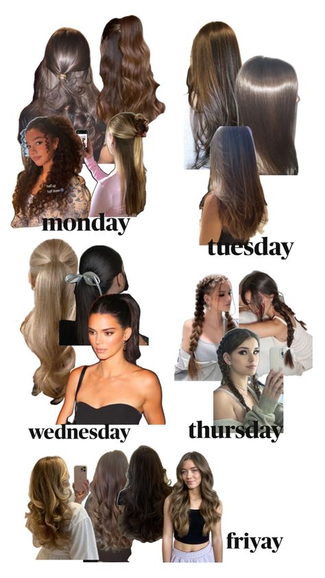 #hairstyles #hair #aesthetic Cute Day 2 Hairstyles, Hairstyles For Friday School, Last Day Hairstyles, Cute Friday Hairstyles, What Should I Do To My Hair, Hairstyles For Every Day Of The Week, Day Of The Week Hairstyles, Early 200s Hair Styles, Monday Hairstyles For School