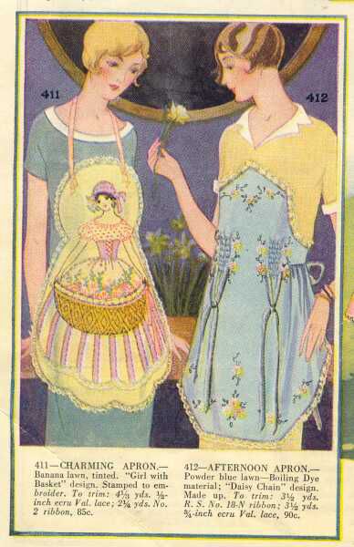 Would you ever cook in these aprons? Bucilla aprons ad. 1920s Apron, 1930s Apron, Aesthetic Apron, Vintage Apron Patterns, Vintage Apron Pattern, Pretty Apron, 1920s Women, Apron Patterns, Apron Ideas