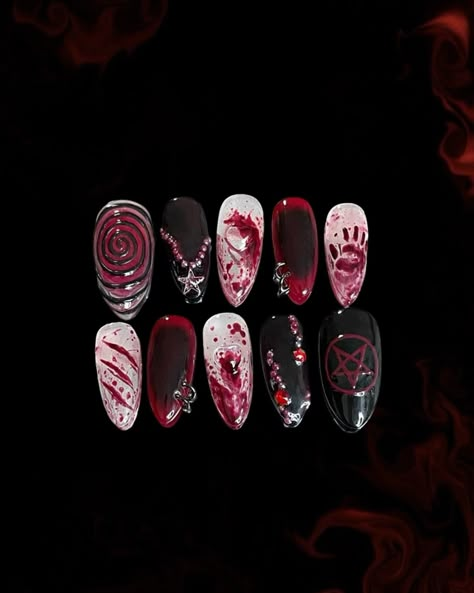 Who says gore nails are just for Halloween?🎃🩸 Meet Bloody Ritual—a set designed for those who embrace dark elegance all year long!💀 These medium-length almond nails (Size L) bring a fierce, edgy vibe to any season. Dare to stand out with a touch of blood and mystery? • • • • #BloodyRitual #GoreNails #PressOnNails #NailArt #custompresson #fyp #halloween #halloweennails #gore #november #poseamericaine #lesongles #fauxongles #custompressonnails #handpainted Creepy Nail Ideas, Blood Nail Designs, Scary Christmas Nails, Blood Nails Design, Nails Gothic Ideas, Red Goth Nails, Nail Art Dark, Scary Nail Art, Stained Nails