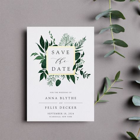 Forest Green Save The Date, Nature Save The Date, Forest Wedding Save The Date, Save The Date Botanical, Forest Save The Date, Wedding Save The Date Ideas, Save The Date Green, Foil Save The Dates, Square Border