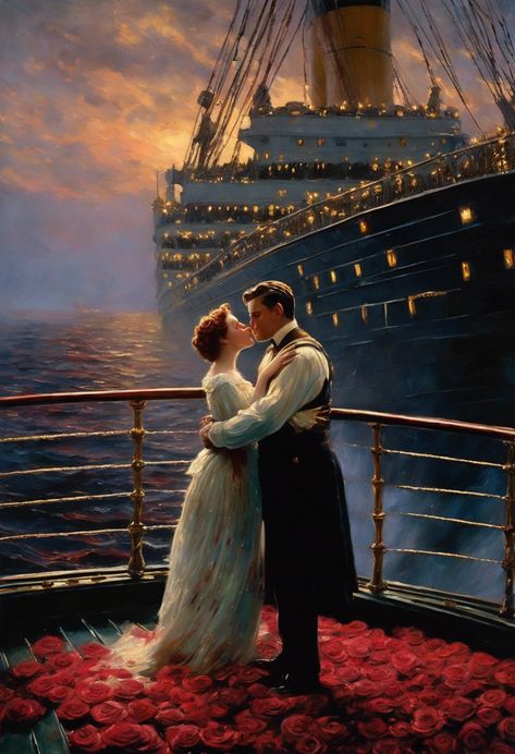 Romantic Titanic kissing Check more at https://paintlyx.com/romantic-titanic-kissing/ Titanic Couple, Titanic Painting, Couple Kissing, Titanic, Kiss, Romance, Art