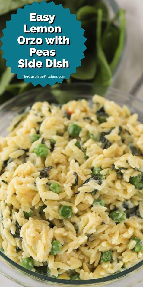 This creamy Lemon Orzo Pasta is a simple side dish that’s fresh, flavorful, and easy to make. It’s a one-pot orzo recipe full of peas, spinach, and Parmesan cheese that goes with all sorts of main courses. Orzo With Peas, Fresh Pea Recipes, Creamy Lemon Orzo, Lemon Orzo Pasta, Pasta Side Dish, Orzo Pasta Recipes, Orzo Soup Recipes, Tiny Pasta, Pasta Side