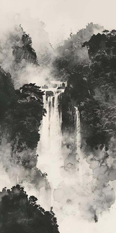 Dive into tranquility with this monochrome art. A waterfall flows amidst cliffs and forests, inviting peace. Save & follow for more stunning visuals. Bring this serene landscape into your space. #Artprint #Waterfall #Monochrome #Tranquility #ArtCollection #imageprompt #Aiimage Monochrome Painting Watercolor, Ink Art Landscape, Monochrome Forest, Waterfall Watercolor, Monochrome Landscape, Monochrome Wallpaper, Abstract Forest, Monochrome Painting, Asian Landscape