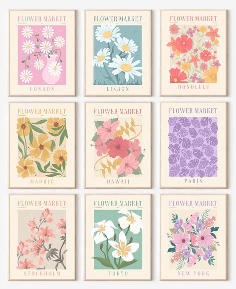 PRICES MAY VARY. High-Quality Canvas Flower Market Wall Art Set：Each Flower Market Posters & Prints is made of ultra quality waterproof canvas and fade-resistant inks to make sure it lasts. The elegant floral prints are the perfect minimalist wall room decor for your bedroom, study, living room, office, dormitory, hallway etc. Perfect Aesthetic Room Decor Idea：The size of these aesthetic bedroom posters set are 8x10inchx9pcs. Our flower picture wall decor is also a botanical art. Hang it on your Flower Market Posters, Danish Pastel Decor, Wall Room Decor, Minimalist Flower, Dorm Wall Decor, Flower Market Poster, Posca Art, Flower Room, Pictures Wall