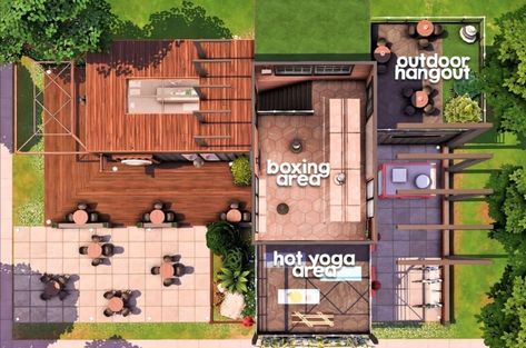 Sims 4 Gym Ideas, Sims Gym, Sims 4 Gym, Yoga Area, The Sims 4 Lots, Sims Houses, Sims Builds, Sims 4 House Plans, Sims 4 House Building