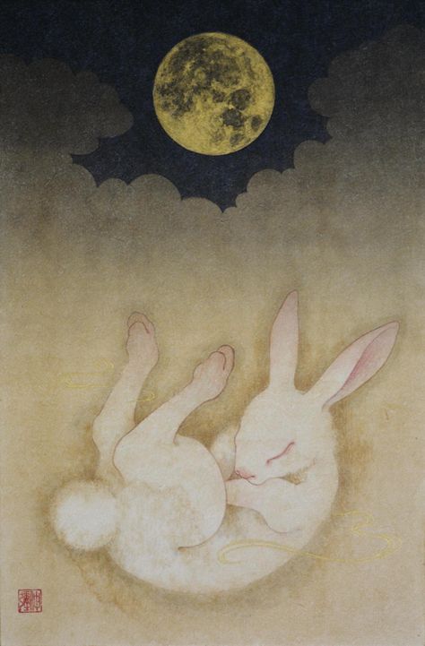 Rabbit Moon Illustration, Japanese Bunny, Bunny Tattoo, Sleeping Bunny, Rabbit Drawing, Bunny Tattoos, Rabbit Tattoos, Bunny Painting, Rabbit Illustration