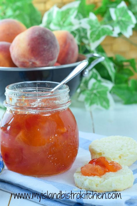 Delicious peach marmalade made with fresh peaches, orange, lemon, maraschino cherries, and a splash of Peach Schnapps. Serve on toast, biscuits, or scones. Peach Marmalade Recipe, Peach Marmalade, Creative Canning, Bistro Kitchen, Marmalade Recipe, Maraschino Cherries, Perfect Peach, Glass Measuring Cup, Fresh Peaches