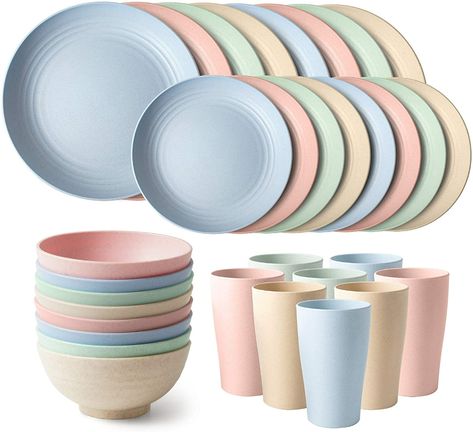 Amazon.com: Teivio 32-Piece Kitchen Wheat Straw Dinnerware Set, Dinner Plates, Dessert Plate, Cereal Bowls, Cups, Unbreakable Plastic Outdoor Camping Dishes (Service for 8 (32pcs), Multicolor) : Home & Kitchen Camping Dishes, Plastic Dinnerware Sets, Plastic Dinnerware, Unique Clocks, Kitchen Dinnerware, Wheat Straw, Plated Desserts, Cup With Straw, Cereal Bowls