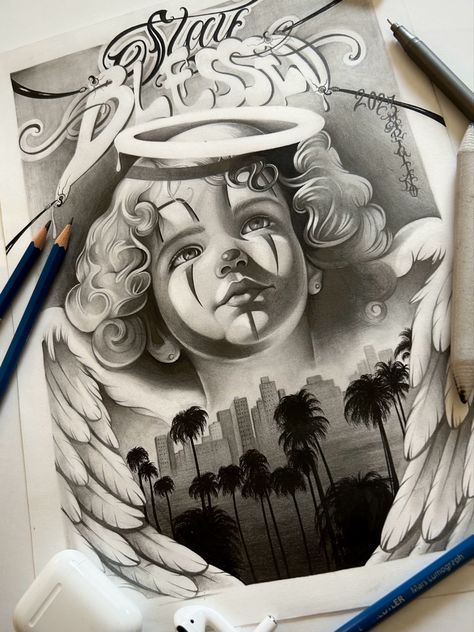 Chicano Angel with ‘Stay Blessed’ lettering (pencil on paper 24x33) Chicano Tattoo Drawings, Chicano Angel Tattoo, Chicano Tattoo Design Ideas, Chicano Tattoo Designs, Chicano Art Style, Chicano Tattoo Design, Chicano Drawing, Mr Cartoon Tattoo, Lettering Chicano