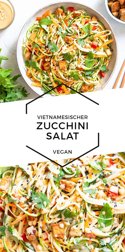 Zucchini Salat vietnamesischer Art mit Erdnusssauce Zucchini Salat, Salad With Peanut Sauce, Recipes To Cook, Zucchini Salad, Summer Rolls, Vegan Salad, Summer Squash, Peanut Sauce, Vietnamese Recipes