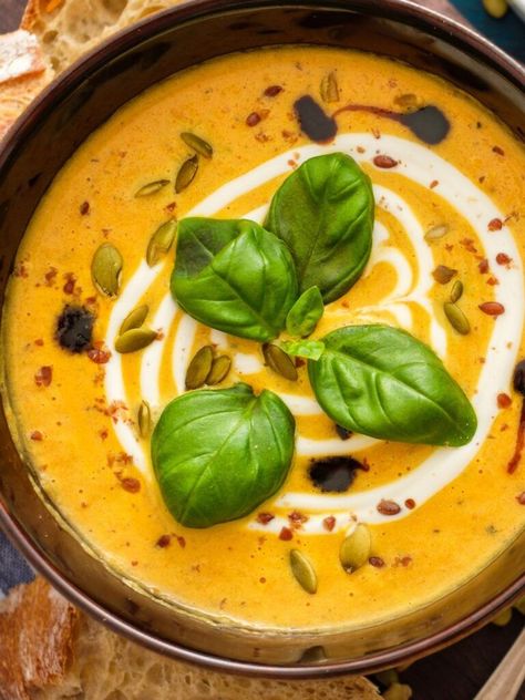 10 Best Jamie Oliver Pumpkin Soup Pumpkin Apple Soup, Easy Pumpkin Soup, Slow Cooker Pumpkin Soup, Fresh Basil Recipes, Slow Cooker Pumpkin, Pumpkin Soup Recipe, Basil Soup, Toasted Pumpkin Seeds, Roasted Pumpkin