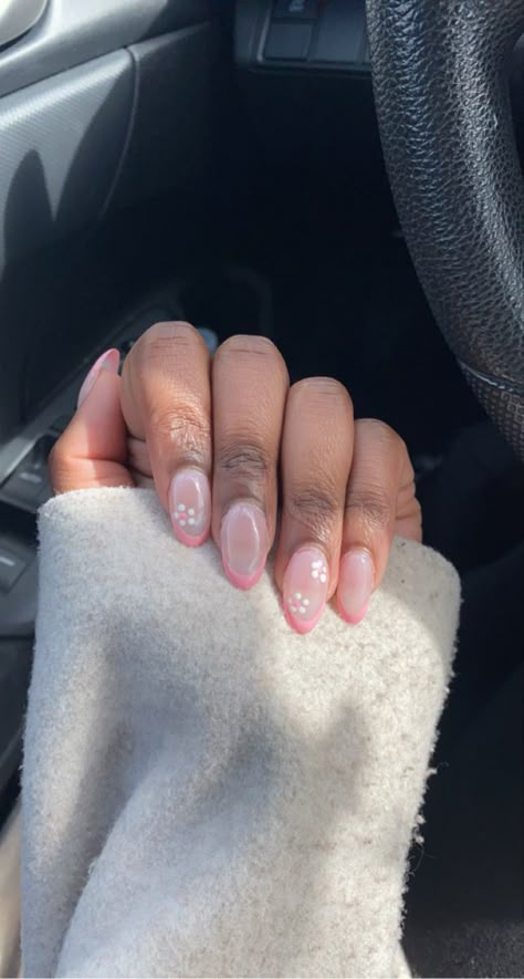 Pink Floral French Tip Nails, Light Pink French Tip Nails Gel, Nail Inspo Almond Floral, French Tip Nails With Small Flowers, Basic Nails With Flowers, Light Pink French Tips With Flowers, French Tip Nails With Pink Flowers, Light Pink French Tip Nails With Flowers, Pink French Tip Nails Flower