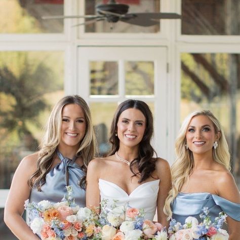 BIRDY GREY 🐥 on Instagram: "Blue girls, WYA? Let us know what shade of blue you picked for your wedding 💙 Featuring our gowns in Shiny Satin Dusty Blue #BIRDYGREY #birdyinthewild  Bride: @kathryn__nance Photographer: @taylorsqaure_weddings Florist: @oxfordfloral Event planner: @ellenthomaseventdesign Venue: @thejeffersonoxford" Colorful Wedding Flowers, Birdy Grey, Shade Of Blue, Wedding Florals, Wedding Florist, Birdy, Dusty Blue, Event Planner, Shades Of Blue