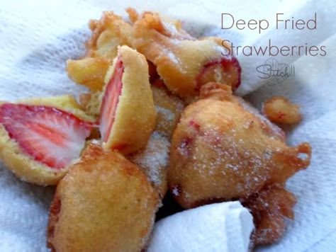 I have been sucked into the pinterest black hole- again. This time, I seen someone make cheesecake stuffed deep fried strawberries! I decided to skip the cheesecake part because I knew after I made the cheesecake mix.. I would probably need  a little patience and let it chill before tossing it into some hot grease.  […] Deep Fried Ideas, Fried Fruit, Deep Fried Foods, Fried Strawberries, Deep Fried Peach On A Stick, Things To Deep Fry, Fried Cookies, Deep Fried Fruit, Unique Deep Fried Foods