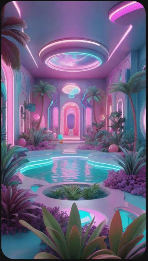 Vaporwave Bedroom, Vaporwave Room, Dreamscape Architecture, Indoor Pool Design, Dream Bedroom Inspiration, Vaporwave Wallpaper, Futuristic Home, Wave Pool, Dream Life House