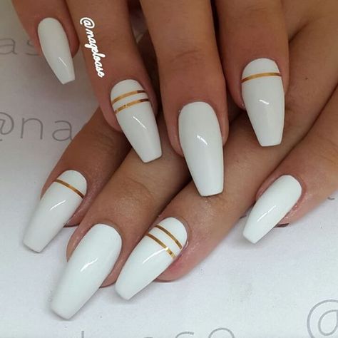 Everything Girly — lovelynaildesigns:   Pinterest : Brittany White Coffin Nails, Gold Nail, White Acrylic Nails, Makijaż Smokey Eye, Ballerina Nails, Acrylic Nails Coffin, Gel Nail Designs, Coffin Nails Designs, Nail Arts