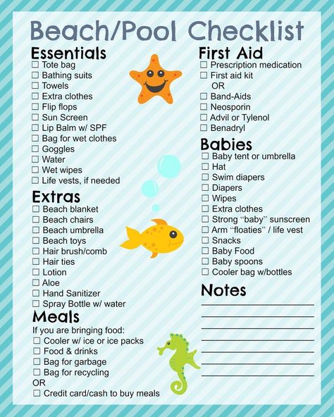 Free printable beach and pool checklist and beach tips for your family this summer Pool Checklist, Beach Checklist, Beach Tips, Beach Vacation Packing, Beach Boy, Family Beach Trip, Beach Packing, Pool Bags, Beach Hacks