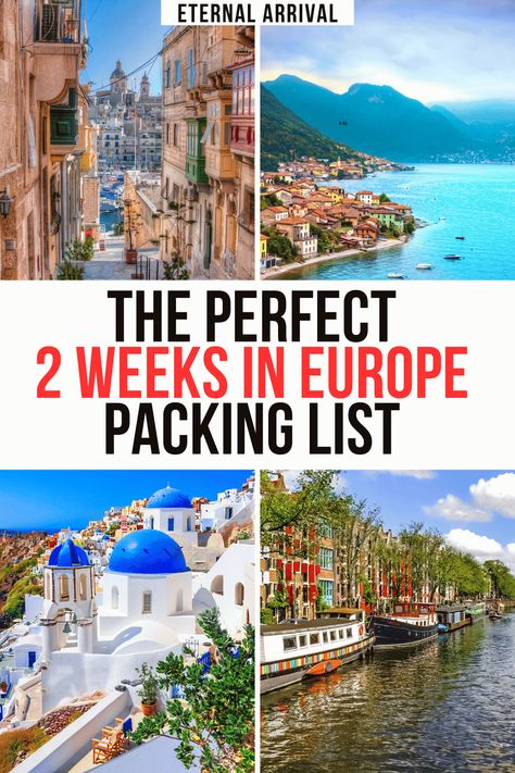 photos of lisbon, lake como shore, santorini, and amsterdam with the text "the perfect two weeks in europe packing list" European Vacation Packing List, Packing For Two Weeks In Europe, Two Week European Packing List, 3 Week European Packing List, Summer Europe Packing List, How To Pack For 2 Weeks In Europe Summer, Europe Trip Packing List, 2 Week Packing List Europe Summer, 2 Weeks In Europe Packing Summer