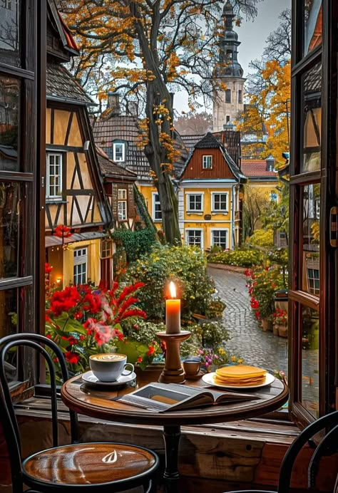 Cozy Cafe, Autumn Scenes, Beautiful Streets, Autumn Scenery, Window View, Fall Pictures, Through The Window, Halloween Home Decor, Beautiful Views