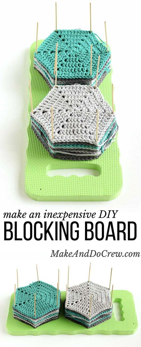 Learn how to block crochet or knit hexagons or granny squares with this incredibly easy and inexpensive DIY blocking board (made from a garden kneeling pad!) Click for full tutorial. | MakeAndDoCrew.com Diy Blocking Board, Block Crochet, Kneeling Pad, Confection Au Crochet, Crochet Tools, Crochet Hexagon, Crochet Blocks, Crochet Simple, Crochet Square Patterns