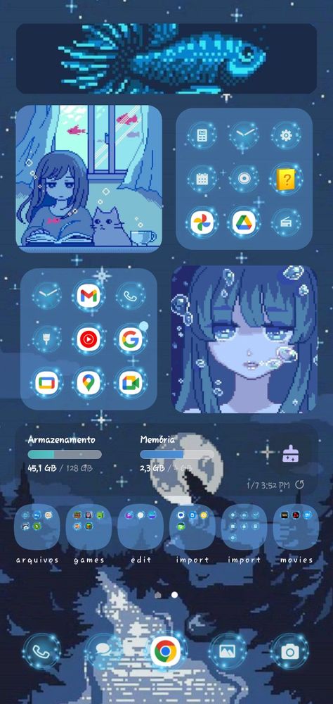 Phone: Samsung Galaxy A22| Widgets Apps: Folder Widget| Icons: Galaxy Theme| Widget Clock: KWGT Premium Aesthetic Home Screen Samsung, Widget Apps For Samsung, Phone Themes Space, Samsung Phone Customization, Manga Phone Theme, Samsung Folder 2 Aesthetic, Fish Phone Theme, Anime Widget Ideas, Homescreen Decor Ideas